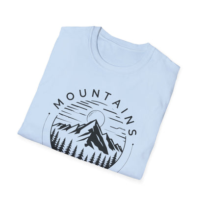 Mountains Call T-Shirt – Circular Nature Scene with Mountains, Trees & Sun Design