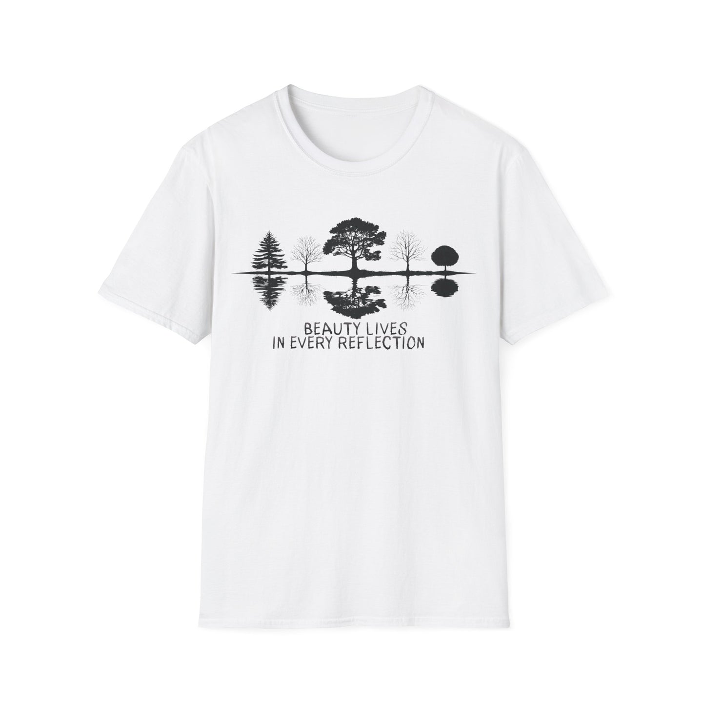 Beauty Lives In Every Reflection - Monochrome Silhouette Trees With Reflection In Water T-Shirt
