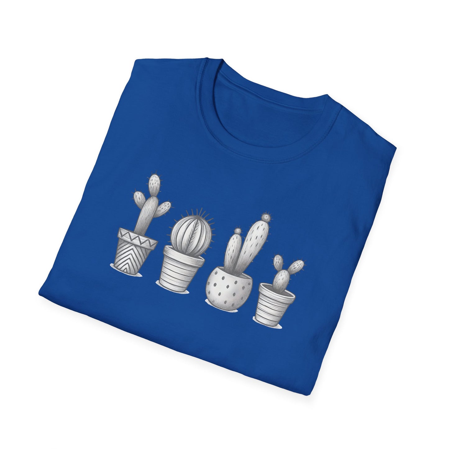 Gray Cacti In Terracotta Pots Line T-Shirt - Botanical Design