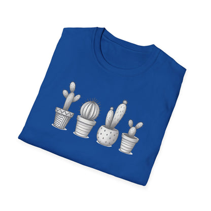 Gray Cacti In Terracotta Pots Line T-Shirt - Botanical Design