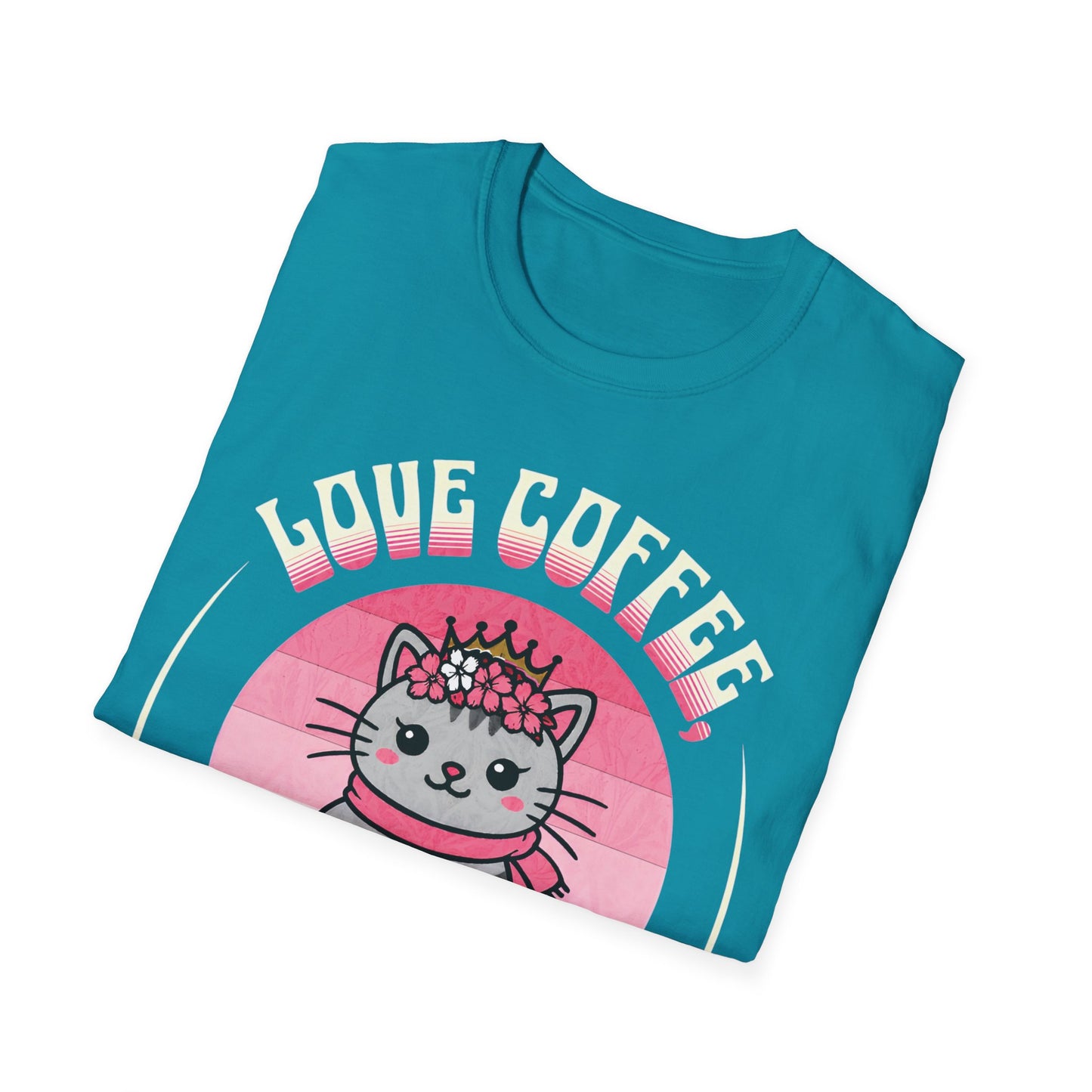 Love Coffee, Flowers and Sunset T-Shirt - Cute Cartoon Cat with Coffee Mug and Floral Crown Pink Sunset Design