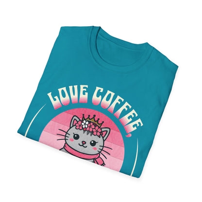 Love Coffee, Flowers and Sunset T-Shirt - Cute Cartoon Cat with Coffee Mug and Floral Crown Pink Sunset Design