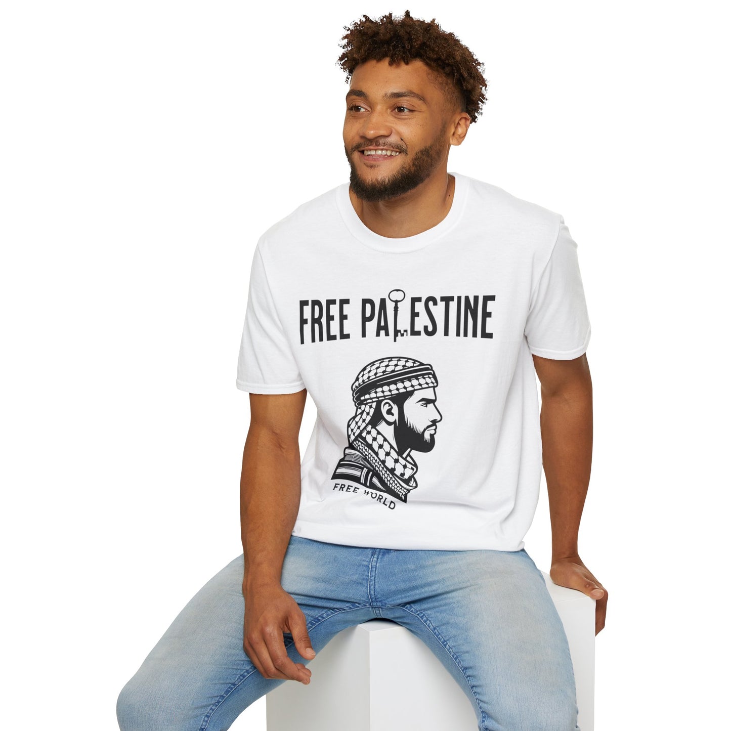 Free Palestine Free World - Man Wearing Palestinian Kuffiyah