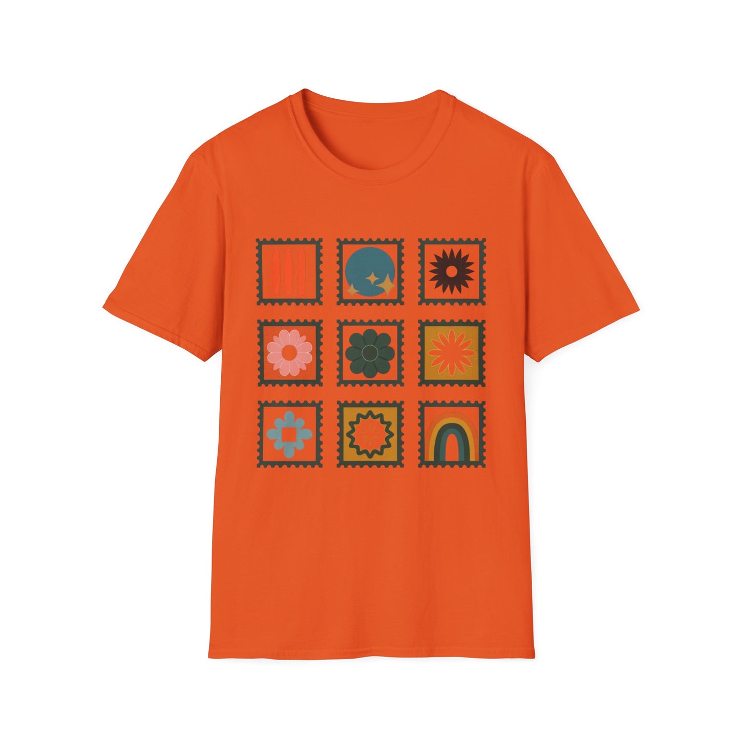 Vibrant Stamp Abstract Floral Grid T-Shirt