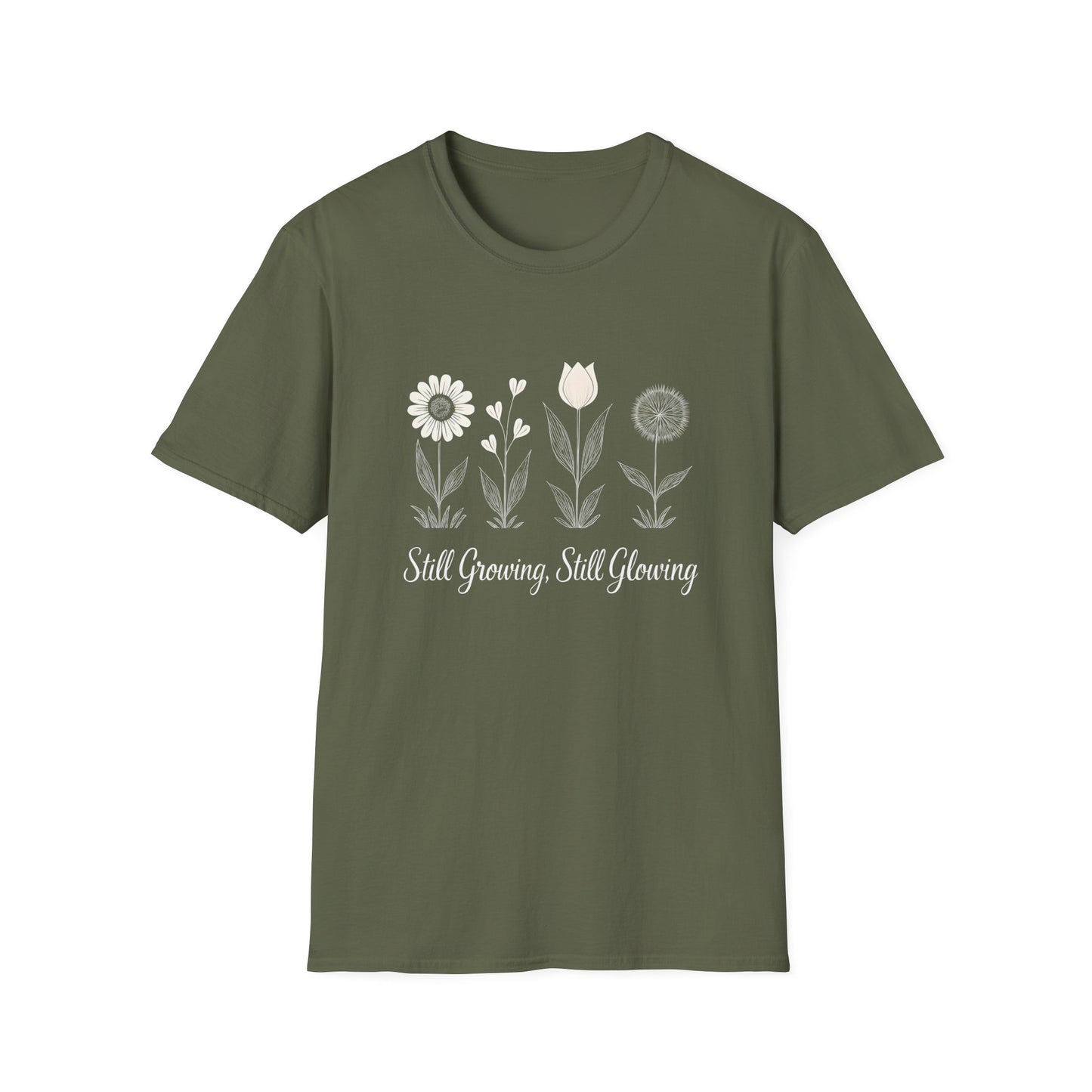 Still Growing Still Glowing T-Shirt - Minimalistic Flowers Line - Botanical Line Art Design