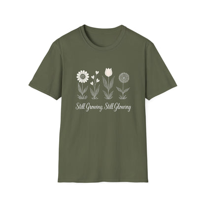 Still Growing Still Glowing T-Shirt - Minimalistic Flowers Line - Botanical Line Art Design