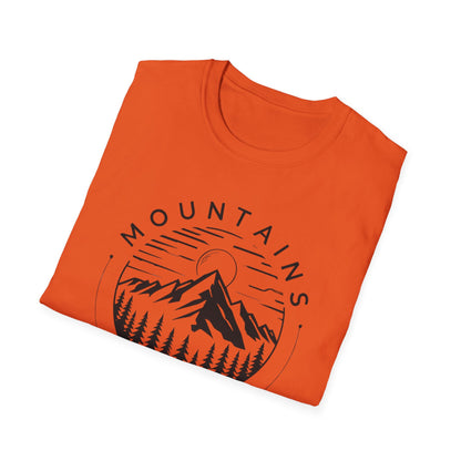 Mountains Call T-Shirt – Circular Nature Scene with Mountains, Trees & Sun Design