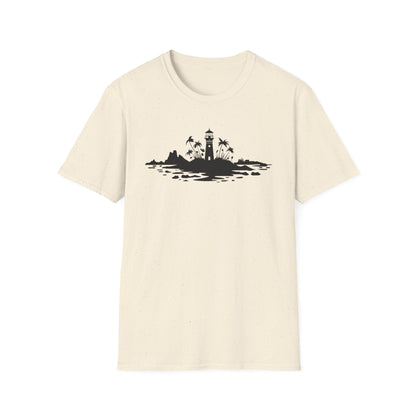 Minimalistic Silhouette Lighthouse, Island, Palms and Florals T-Shirt