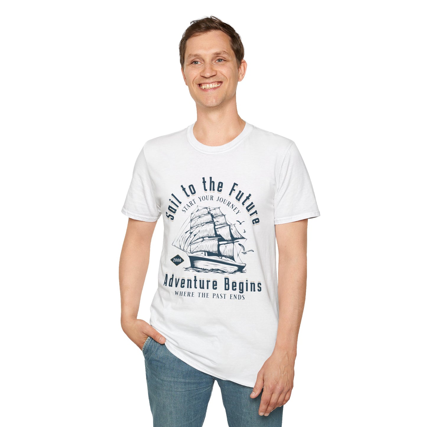 Sail to the Future - Monochrome Ship Landscape T-Shirt