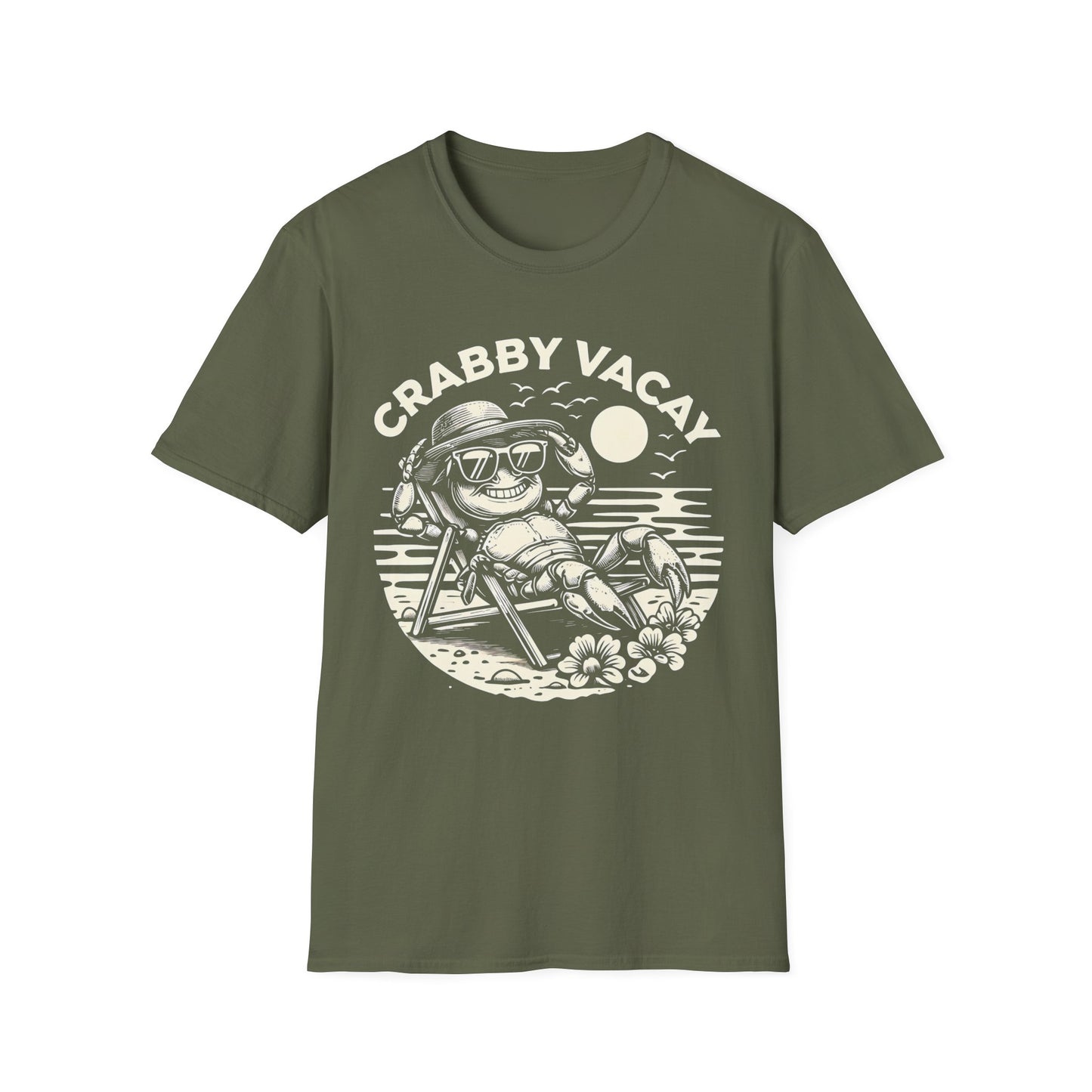 Crabby Vacay T-Shirt - Happy Crab Wearing Sunglasses in Tropical Scene Design