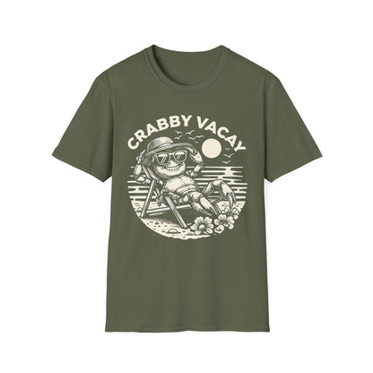 Crabby Vacay T-Shirt - Happy Crab Wearing Sunglasses in Tropical Scene Design