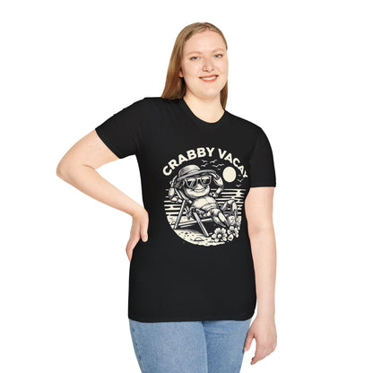 Crabby Vacay - Playful Monochrome Happy Crab Wearing Sunglasses in Tropical Scene T-Shirt