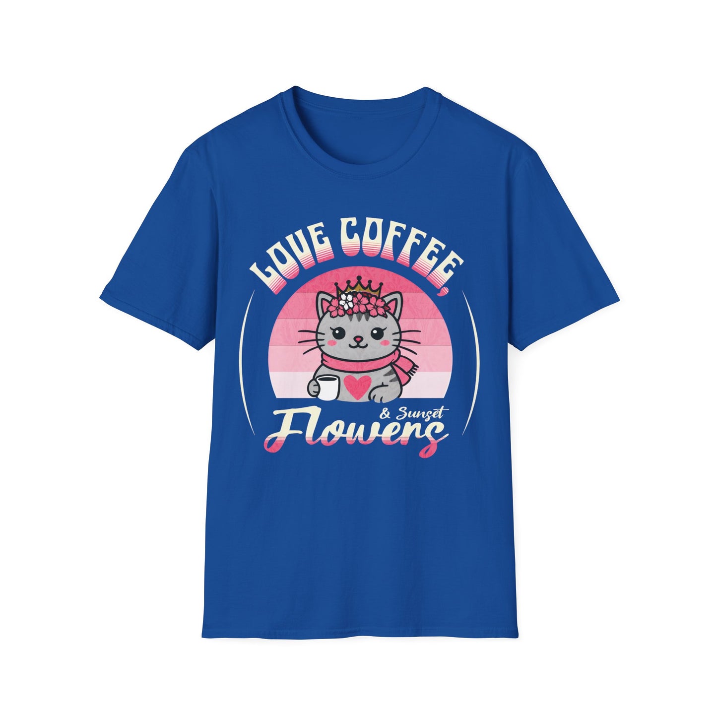 Love Coffee, Flowers and Sunset T-Shirt - Cute Cartoon Cat with Coffee Mug and Floral Crown Pink Sunset Design