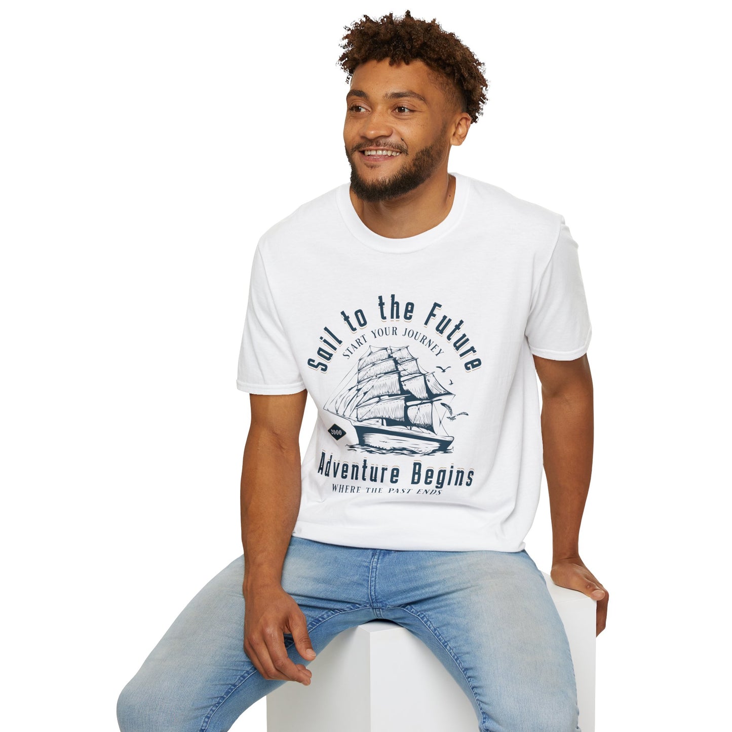 Sail to the Future - Monochrome Ship Landscape T-Shirt