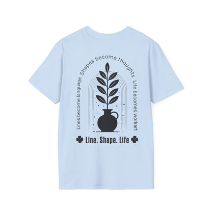 Line Shape Life T-Shirt - Stylized Plant Typography Front And Back Design