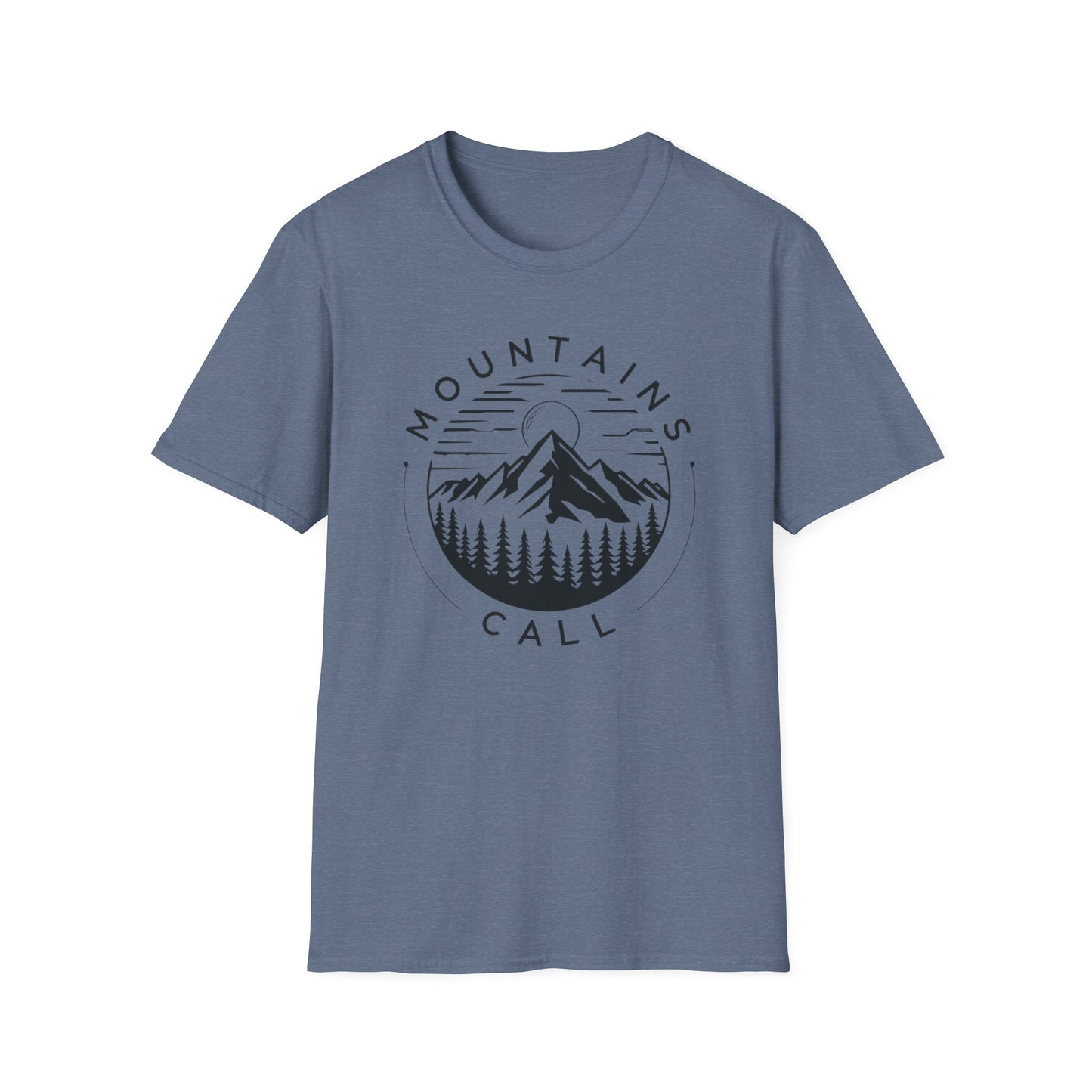 Mountains Call T-Shirt – Circular Nature Scene with Mountains, Trees & Sun Design