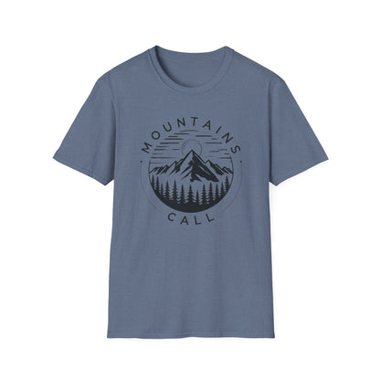 Mountains Call T-Shirt – Circular Nature Scene with Mountains, Trees & Sun Design