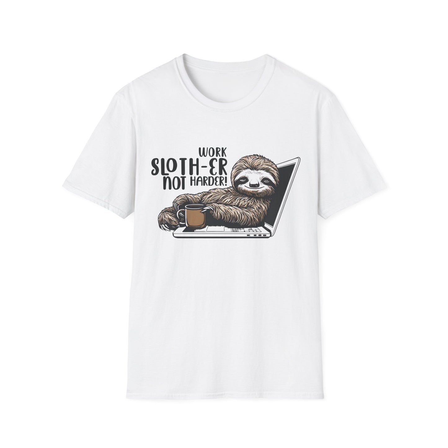 Work Slother Not Harder! - Playful Relaxed Sloth Reclining On Laptop With Coffee Mug T-Shirt