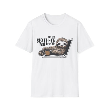 Work Slother Not Harder! - Playful Relaxed Sloth Reclining On Laptop With Coffee Mug T-Shirt