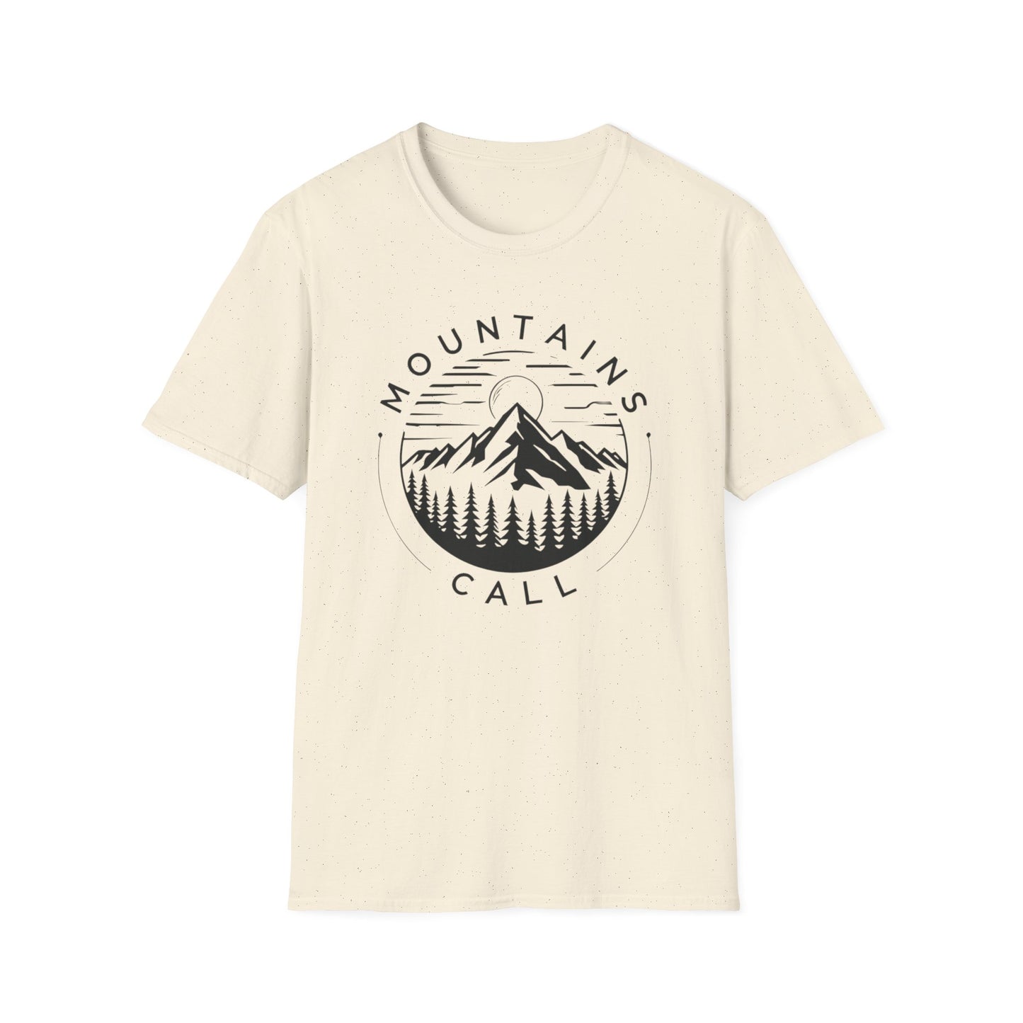 Mountains Call T-Shirt – Circular Nature Scene with Mountains, Trees & Sun Design