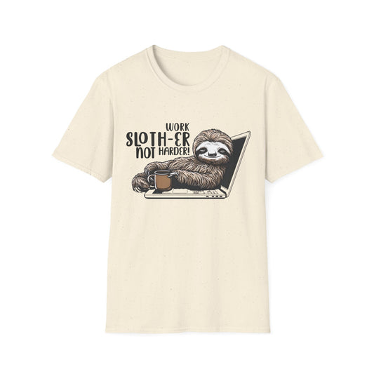 Work Slother Not Harder! - Playful Relaxed Sloth Reclining On Laptop With Coffee Mug T-Shirt
