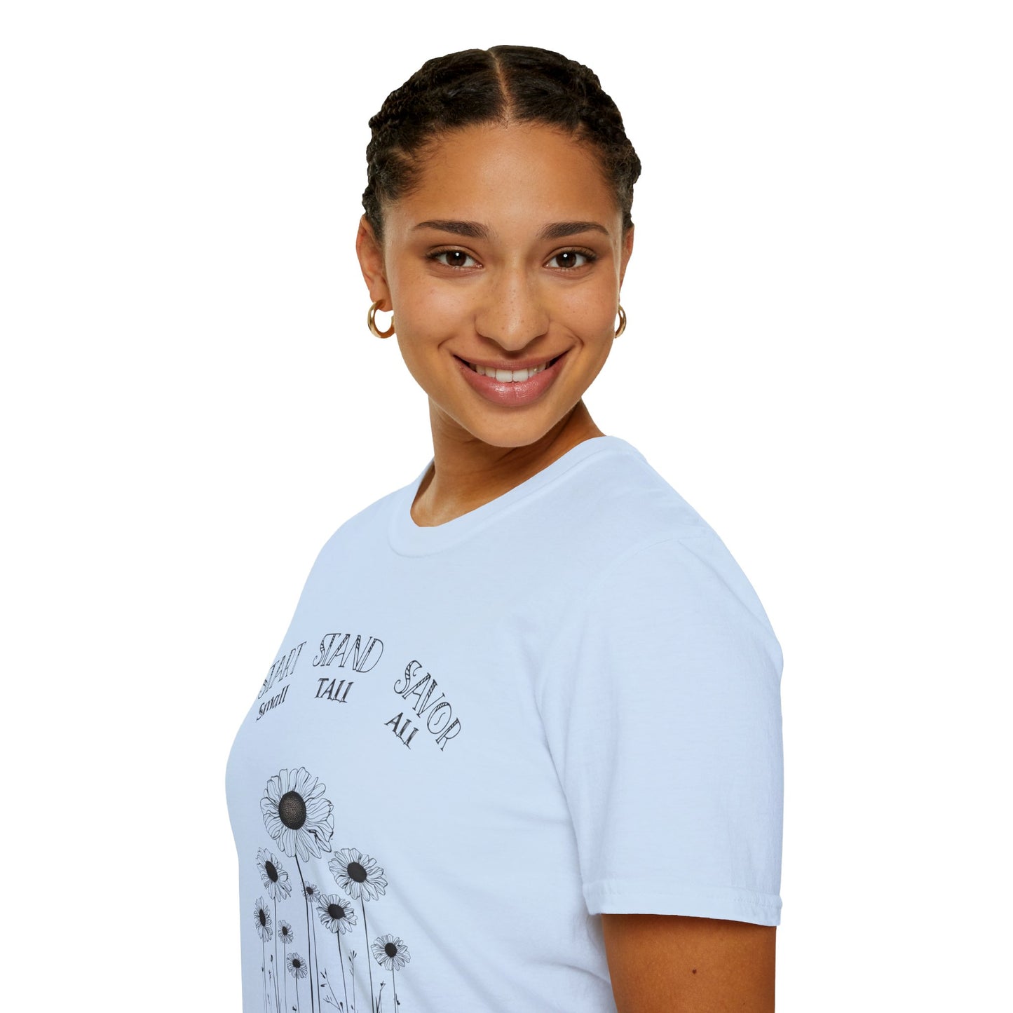 Start Small Stand Tall Savor All T-Shirt – Minimalistic Daisy Flower Line Art Design
