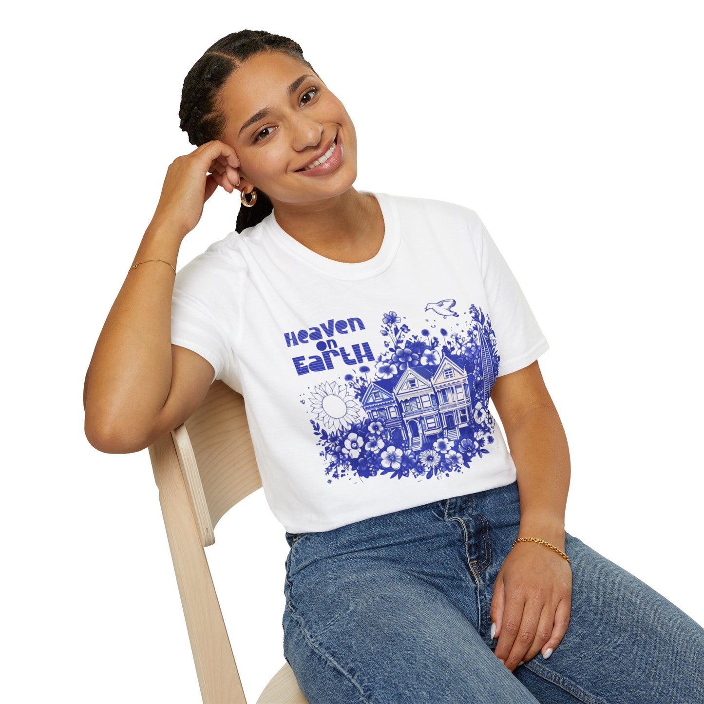 Heaven on Earth - Monochrome Blue Victorian House and Flowers T-Shirt