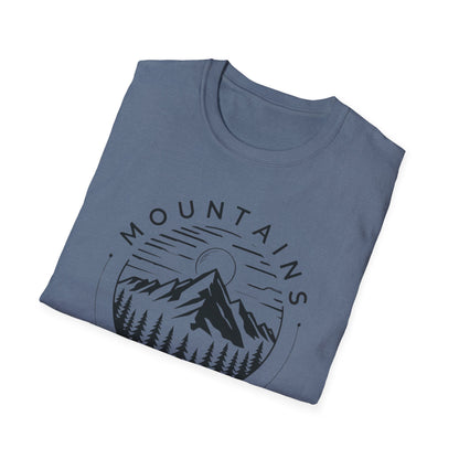 Mountains Call T-Shirt – Circular Nature Scene with Mountains, Trees & Sun Design