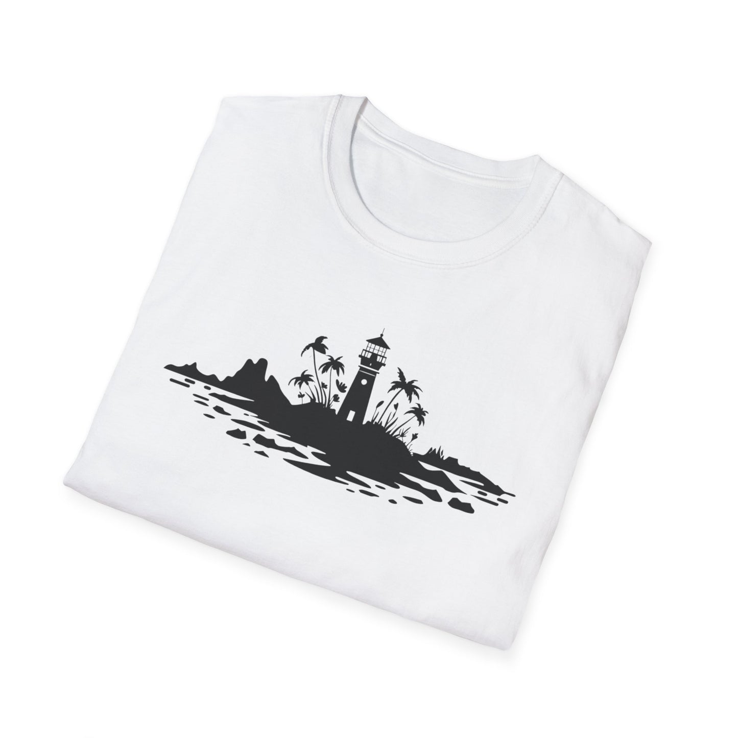 Minimalistic Silhouette Lighthouse, Island, Palms and Florals T-Shirt