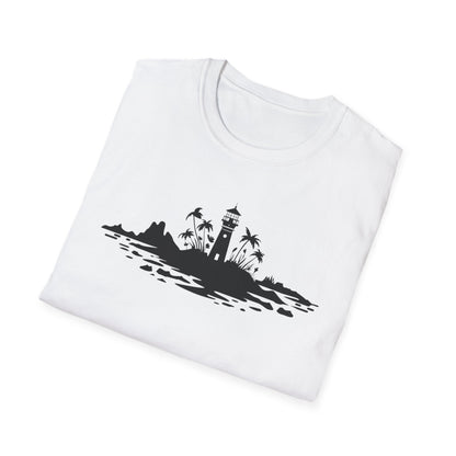 Minimalistic Silhouette Lighthouse, Island, Palms and Florals T-Shirt