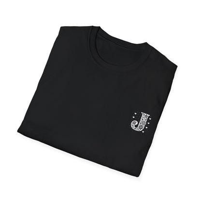 Letter J - Monochrome Flower Patterns With Related Words Front And Back Design T-Shirt