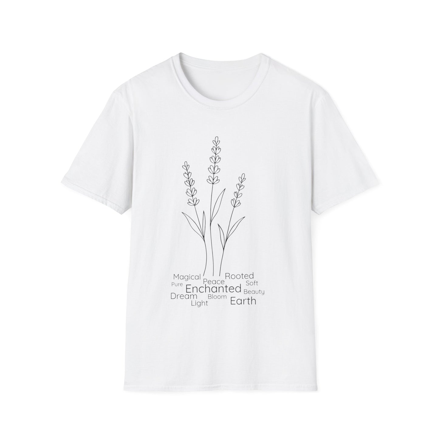 Minimalist Line Drawing of Lavender T-Shirt - Scattered Typography Design