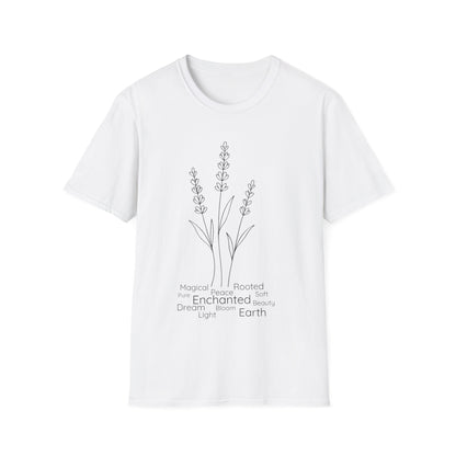 Minimalist Line Drawing of Lavender T-Shirt - Scattered Typography Design