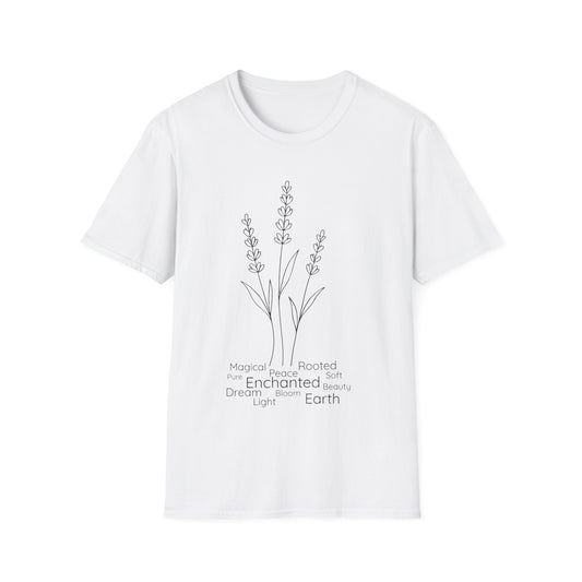 Minimalist Line Drawing of Lavender T-Shirt - Scattered Typography Design