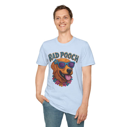 Rad Pooch – Embroidery-Like Style Cartoon Golden Retriever Dog With Floral T-Shirt
