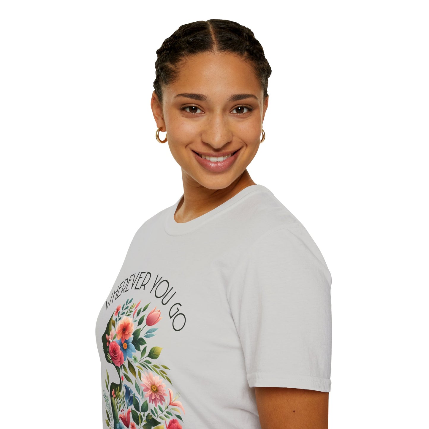 Wherever You Go, Let Beauty Follow - Colorful Floral Women Silhouette T-Shirt