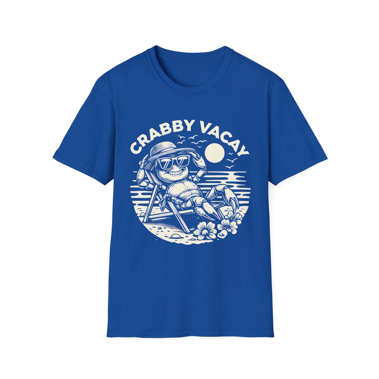 Crabby Vacay - Playful Monochrome Happy Crab Wearing Sunglasses in Tropical Scene T-Shirt