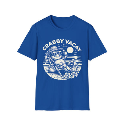 Crabby Vacay - Playful Monochrome Happy Crab Wearing Sunglasses in Tropical Scene T-Shirt