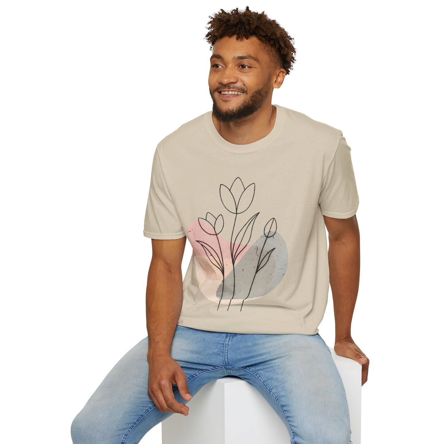 Tulip Outline T-shirt - Minimalistic Line Art  Colored Background Floral Design