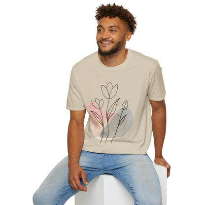 Tulip Outline T-shirt - Minimalistic Line Art  Colored Background Floral Design