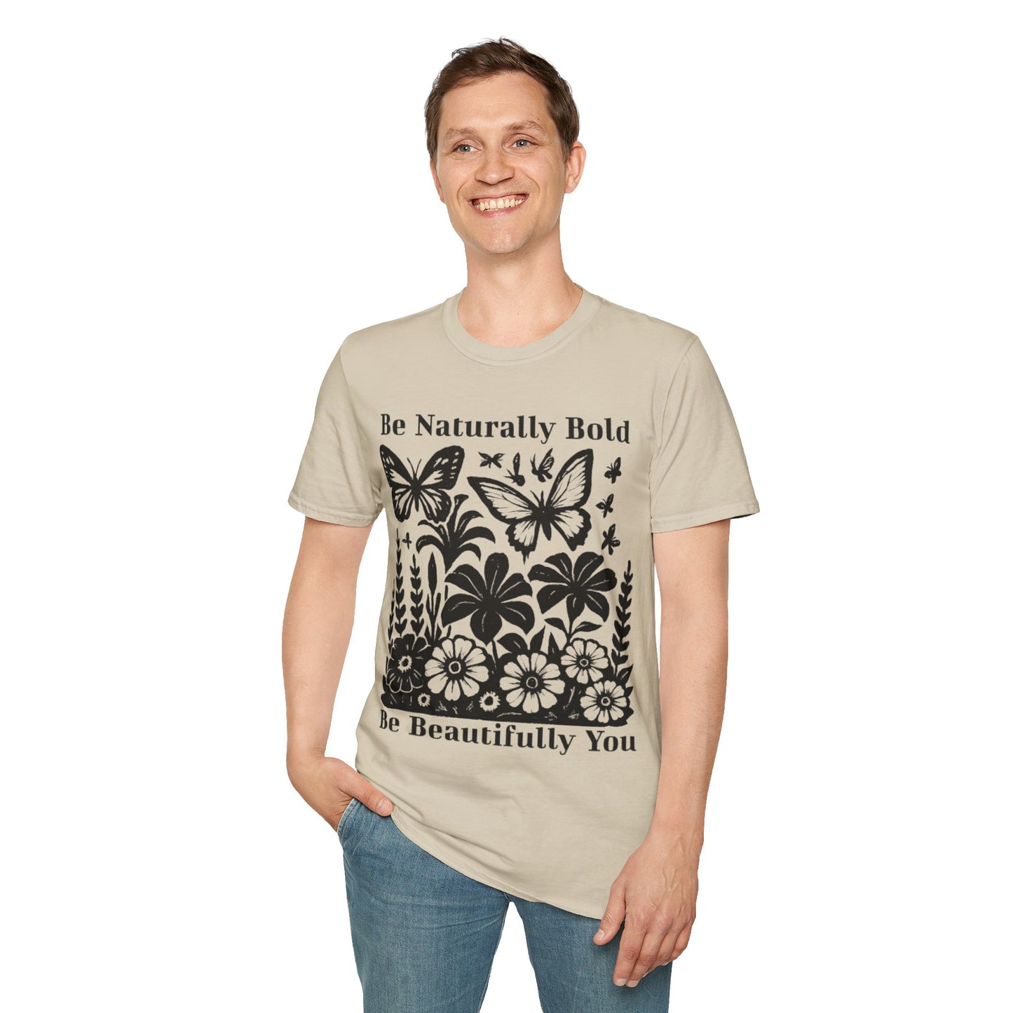 Monochrome Bold Botanical Flowers and Butterflies T-Shirt Design