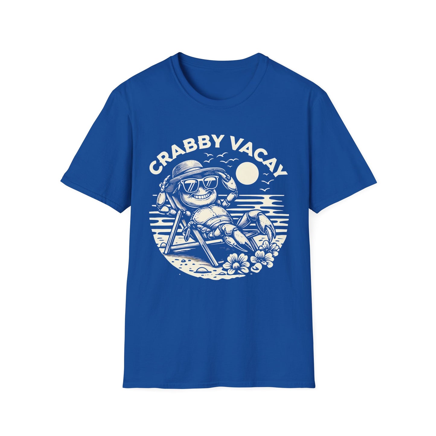 Crabby Vacay T-Shirt - Happy Crab Wearing Sunglasses in Tropical Scene Design