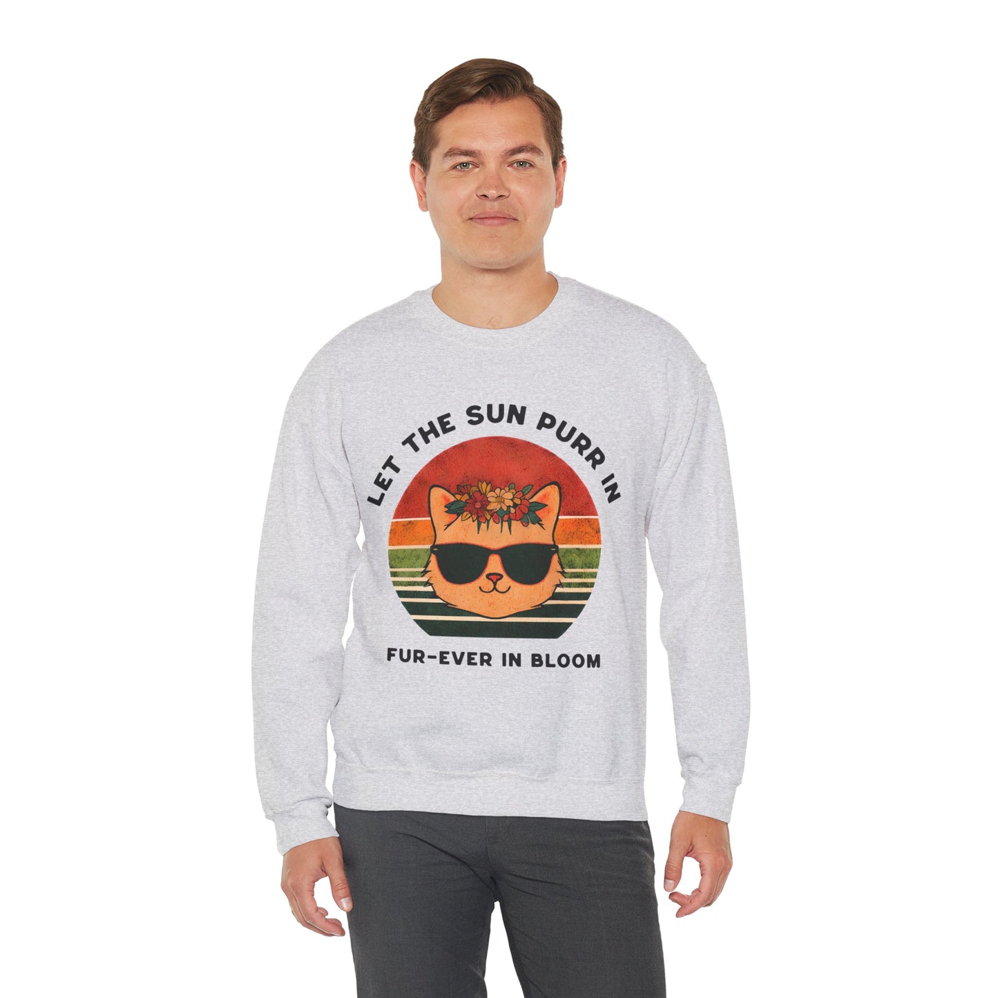 Let the Sun Purr In - Playful Vintage Sunset And A Cat in Sunglasses and Floral Crown Sweatshirt