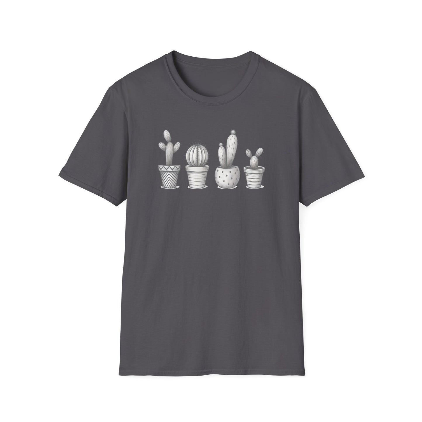 Gray Cacti In Terracotta Pots Line T-Shirt - Botanical Design