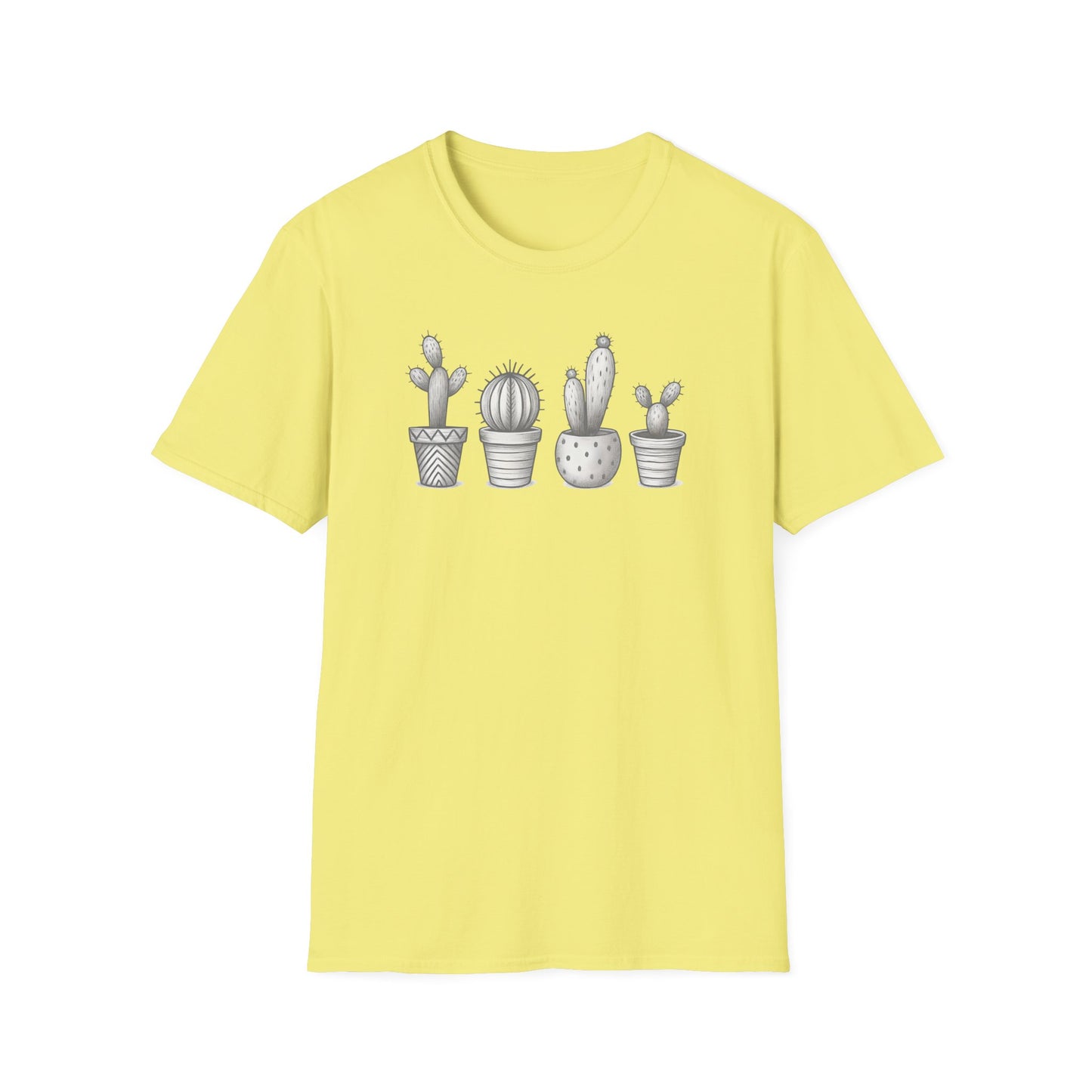 Gray Cacti In Terracotta Pots Line T-Shirt - Botanical Design