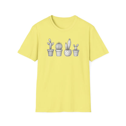 Gray Cacti In Terracotta Pots Line T-Shirt - Botanical Design