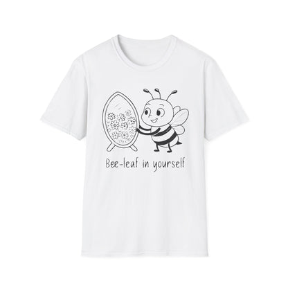 Believe In Yourself T-Shirt - Chalkboard Playful Bee Gazes into Leaf Mirror Design