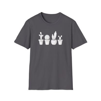 White Cacti In Terracotta Pots Line T-Shirt - Botanical Design