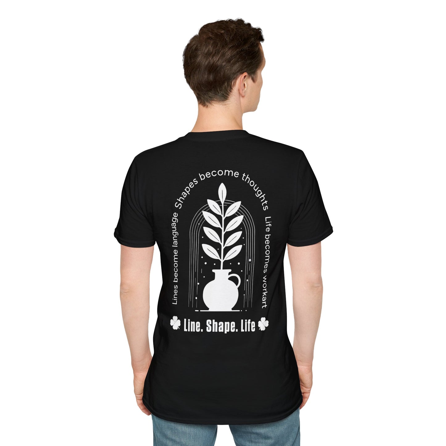 Line Shape Life T-Shirt - Stylized Plant Typography Front And Back Design