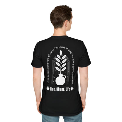 Line Shape Life T-Shirt - Stylized Plant Typography Front And Back Design